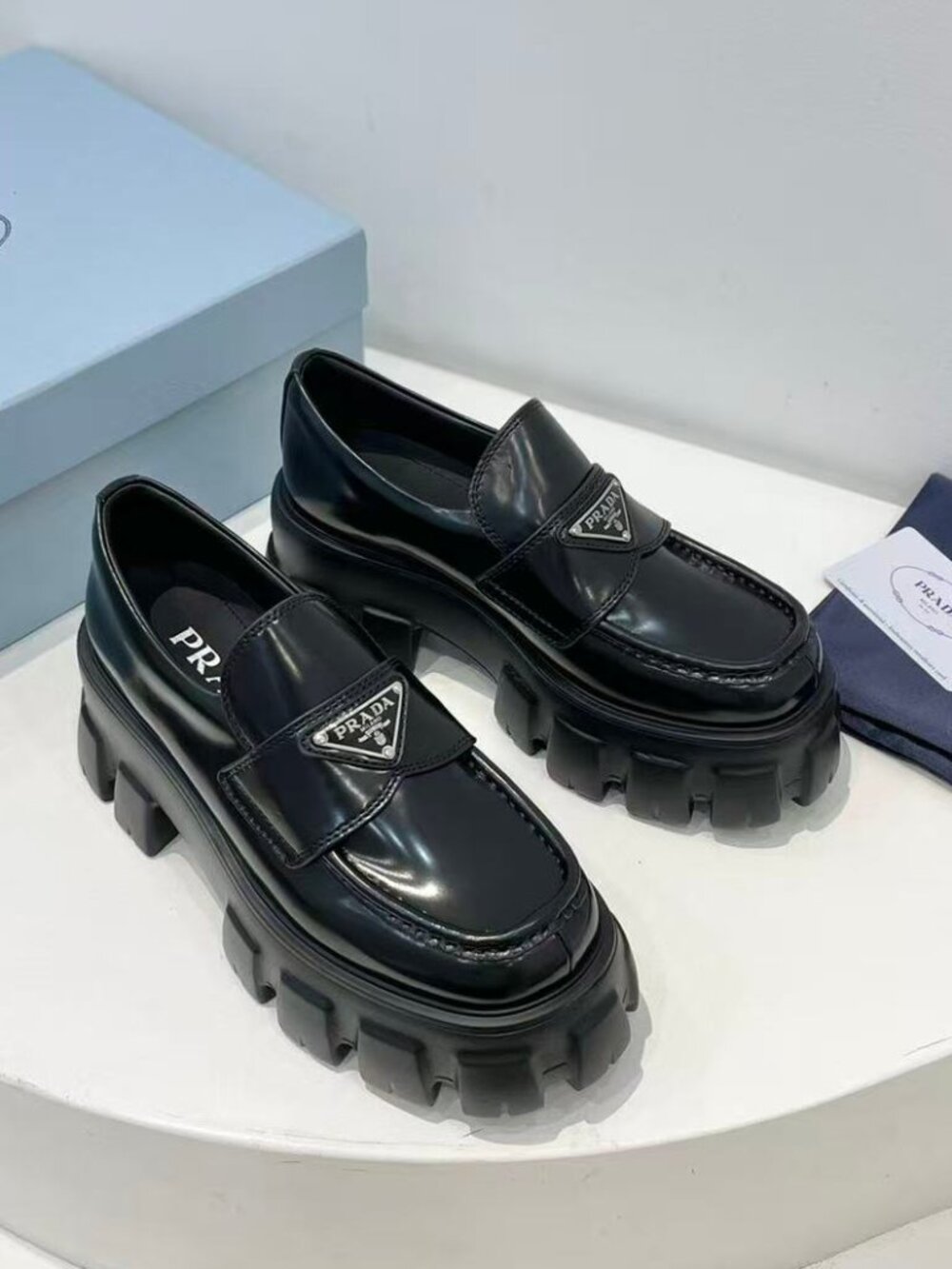 Prada Black Monolith Chunky Lug‑Sole Loafers Triangle Logo - Picture 2 of 9